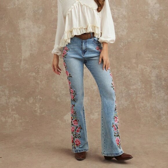 Denim - Light Wash Boho Women's High Rise Floral Denim Jeans